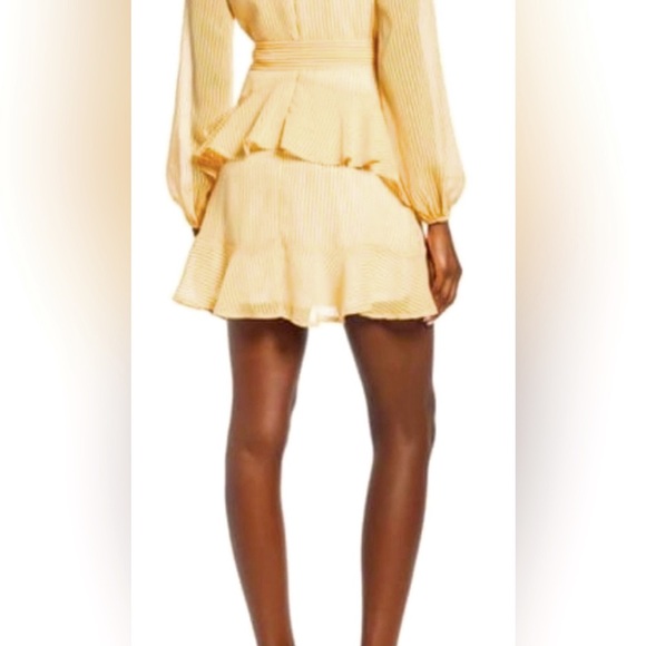 Leith Pinstripe Long Sleeve Faux Wrap Ruffle Flounced Chiffon Mini Dress. - Picture 8 of 8